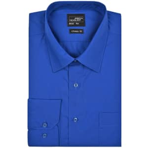 A blue men's long-sleeve business shirt with a classic fit, featuring a button-up front and one chest pocket.