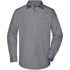 A grey long-sleeve button-up shirt with a single chest pocket and a logo on the label.