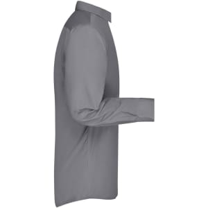 A long-sleeve grey business shirt with a button-up collar and a side view showcasing its fit and style.