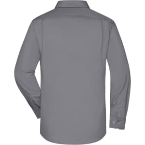 A grey long-sleeve button-up business shirt viewed from the back. It has a collar and buttoned cuffs.