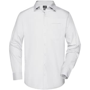 A white long-sleeve button-up shirt featuring a breast pocket and a logo.