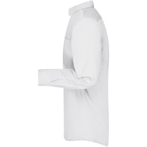A white long-sleeved men's business shirt displayed from the side, featuring a collar and cuffed sleeves.