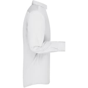 A white men's button-up business shirt with long sleeves displayed side view, featuring a collar and a logo.