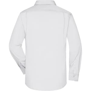 A white long-sleeve button-up shirt featuring a classic collar and a smooth back design. It includes a logo.