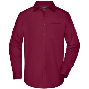 A maroon long-sleeved button-up business shirt with a single chest pocket and a branded label.