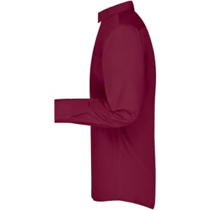 A maroon men's business shirt with long sleeves and a button-up collar, featuring a side profile view.