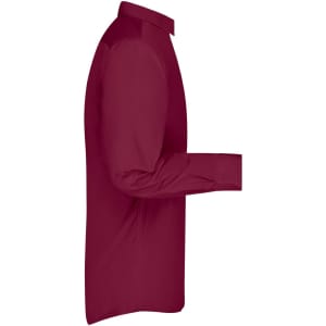 A maroon long-sleeve button-up shirt with a collared neckline and a side view showcasing its fit.