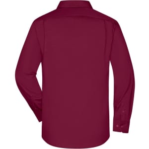A burgundy long-sleeve business shirt with a button-up collar and a plain back. Features a branding logo.