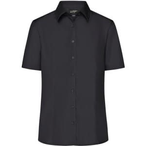 A black short-sleeved ladies button-up business shirt with a collar and buttons down the front.