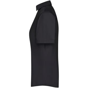 A black short-sleeve button-up shirt with a collar, featuring a sleek side profile and a logo on the fabric.