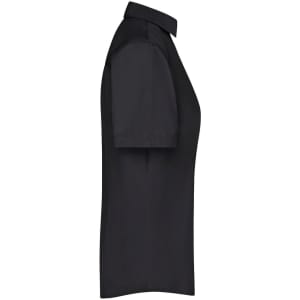 A black ladies business shirt with short sleeves and a collared neck, featuring a logo on the side.