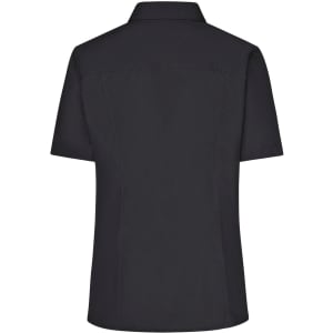 A dark navy short-sleeved button-up ladies business shirt with a collar and a smooth finish. It features a logo.