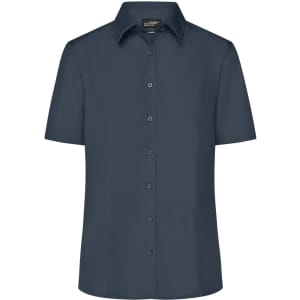 A short-sleeved navy blue button-up business shirt with a collar and a front button placket.