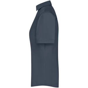 A ladies' short-sleeved button-up shirt in navy blue, featuring a classic collar and a simple design.