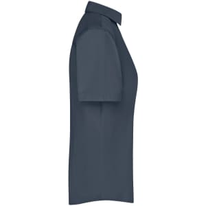 A navy blue ladies' button-up business shirt with short sleeves and a collar, featuring a logo.