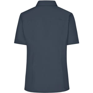 A short-sleeve navy blue ladies' business shirt with a button-up front and a collar, featuring a plain design on the back.