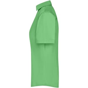 A green ladies business shirt with a button-up collar and short sleeves, featuring a logo on the side.