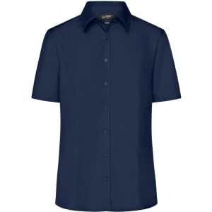 A navy blue ladies' button-up business shirt with short sleeves and a collar. It features a logo on the chest.