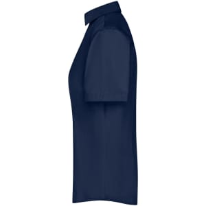 A navy button-up ladies' business shirt with short sleeves, featuring a collar and a logo.