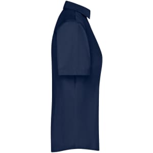 A navy ladies business shirt with short sleeves and a button-up collar, featuring a logo on the side.