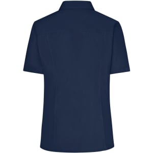 A navy blue short-sleeved button-up ladies' business shirt with a clean back design and logo.