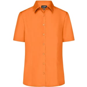 An orange short-sleeve button-up ladies' business shirt with a collar and buttons down the front.