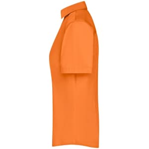 An orange button-up ladies business shirt featuring a collar and short sleeves, with a logo present.