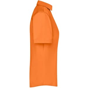 A ladies button-up shirt in vibrant orange, featuring short sleeves and a standard collar.