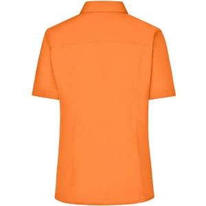 A short-sleeved business shirt in bright orange with a collar, featuring a logo on the back.