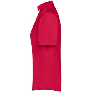A red ladies' button-up business shirt with short sleeves and a collared design, featuring a logo.