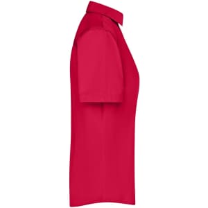 A red ladies business shirt with short sleeves and a button-up design. It features a collar and has a logo.