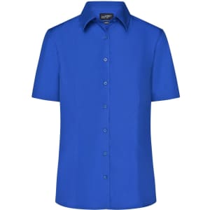A blue button-up ladies business shirt with short sleeves and a collar, featuring buttons down the front and a logo.