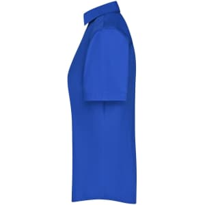 A blue ladies business shirt with short sleeves and a collared neckline, featuring a logo.