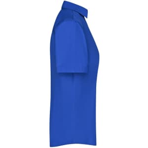 A blue ladies business shirt, featuring a collared neck and short sleeves, displayed from the side. It has a logo.