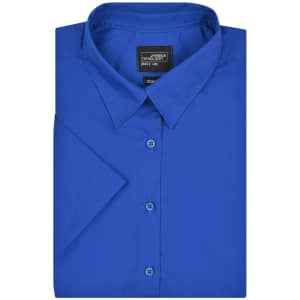 A blue button-up business shirt with a collar, featuring a single folded sleeve and a branding label.