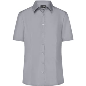 A light grey button-up ladies' business shirt with short sleeves and a collar, featuring a logo.