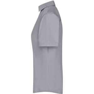 A grey ladies' button-up business shirt with short sleeves and a collar, featuring a logo.
