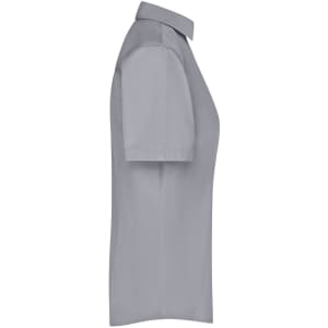 A grey ladies business shirt with a collared neckline and short sleeves, featuring a logo on the side.