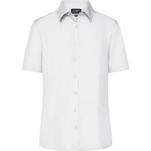 A short-sleeved white button-up business shirt with a collar and a front button closure. Features a logo.