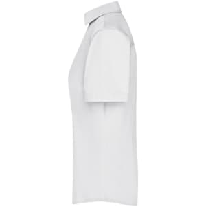 A white ladies business shirt with short sleeves and a button-up collar, featuring a logo on the front.