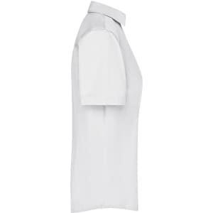 A light grey ladies' button-up business shirt with short sleeves and a collar. It features a logo on the fabric.