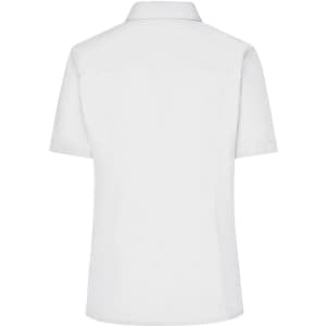 A white short-sleeved ladies business shirt with a collar, featuring a back yoke and a branding logo.