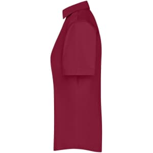 A short-sleeved, button-up ladies business shirt in a rich burgundy colour with a collar and a logo present.