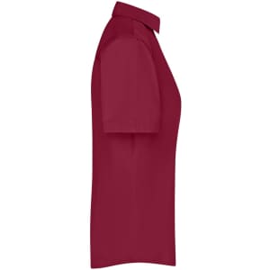 A side view of a ladies button-up business shirt in burgundy, featuring a collar and short sleeves.