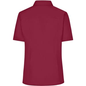 A maroon ladies' button-up business shirt with short sleeves and a collar, featuring a logo on the back.