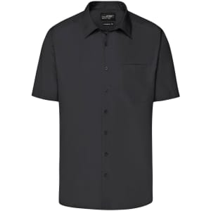 Short-sleeve black business shirt with a button-up front and a single pocket. Features a logo on the label.