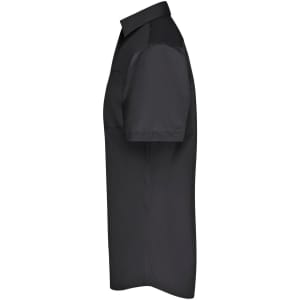 A men's short-sleeved business shirt in black with a sleek, button-up design. It features a subtle logo on the chest.