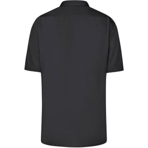 A short-sleeved black men's business shirt with a button-up design, featuring a collar and a plain back.