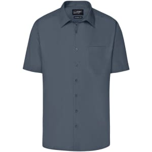 A short-sleeve grey business shirt featuring a button-up front and a chest pocket. Includes a logo on the label.