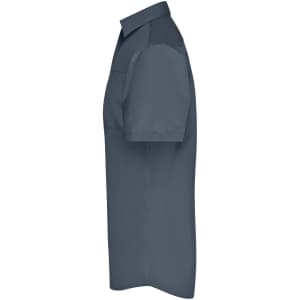A short-sleeved men's business shirt in navy blue with a logo and a pocket on the chest.